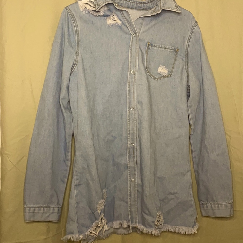 NWOT Ripped Denim Shirt (Unknown Brand)